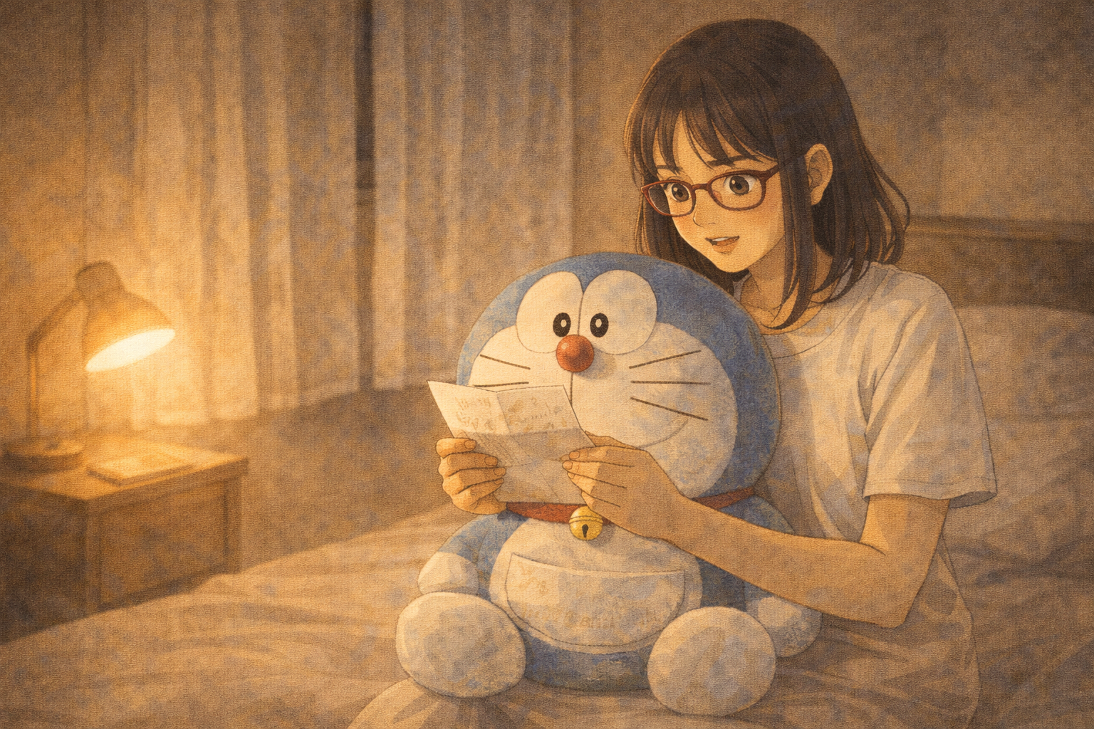 A small apartment in Melaka — Mia sits on a bed with a Doraemon plushie, pulling a folded letter from its pocket with surprised tenderness.